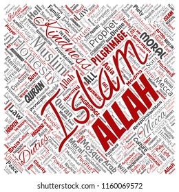 Vector conceptual islam, prophet, mosque square red word cloud isolated background. Collage of muslim, ramadam, quran, pilgrimage, allah, duties, art, calligraphy, oriental, tradition concept