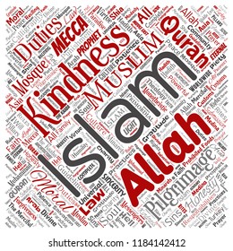Vetor conceitual islam, profeta, mesquita quadrado vermelho palavra nuvem isolado fundo. Colagem de muçulmanos, ramadam, corão, peregrinação, allah, deveres, arte, caligrafia, oriental, conceito de tradição