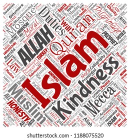 Vector conceptual islam, prophet, mosque square red word cloud isolated background. Collage of muslim, ramadam, quran, pilgrimage, allah, duties, art, calligraphy, oriental, tradition concept