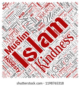Islamo conceptual vectorial, profeta, nube de palabras rojas cuadradas de mezquita fondo aislado. Collage de musulmanes, ramadam, quran, peregrinación, allah, deberes, arte, caligrafía, oriental, concepto de tradición