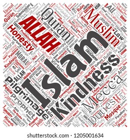 Vector conceptual islam, prophet, mosque square red word cloud isolated background. Collage of muslim, ramadam, quran, pilgrimage, allah, duties, art, calligraphy, oriental, tradition concept