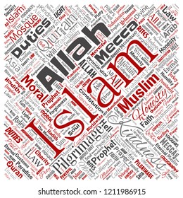 Vector conceptual islam, prophet, mosque square red word cloud isolated background. Collage of muslim, ramadam, quran, pilgrimage, allah, duties, art, calligraphy, oriental, tradition concept