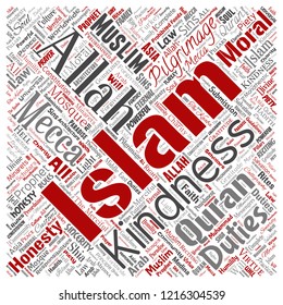 Vector conceptual islam, prophet, mosque square red word cloud isolated background. Collage of muslim, ramadam, quran, pilgrimage, allah, duties, art, calligraphy, oriental, tradition concept