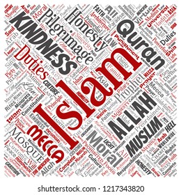 Vector conceptual islam, prophet, mosque square red word cloud isolated background. Collage of muslim, ramadam, quran, pilgrimage, allah, duties, art, calligraphy, oriental, tradition concept