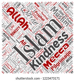 Vector conceptual islam, prophet, mosque square red word cloud isolated background. Collage of muslim, ramadam, quran, pilgrimage, allah, duties, art, calligraphy, oriental, tradition concept