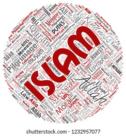 Vector conceptual islam, prophet, mosque round circle red word cloud isolated background. Collage of muslim, ramadam, quran, pilgrimage, allah, duties, art, calligraphy, oriental, tradition concept
