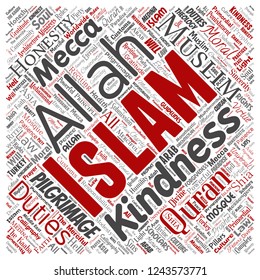 Vector conceptual islam, prophet, mosque square red word cloud isolated background. Collage of muslim, ramadam, quran, pilgrimage, allah, duties, art, calligraphy, oriental, tradition concept