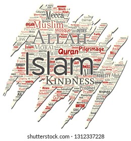 Vektor konzeptueller Islam, Prophet, Moschee altes zerrissenes Papier Wort Cloud isolierten Hintergrund. Collage of muslim, ramadam, quran, pilgrimage, allah, duty, art, kalligraphie, orientalisch, traditionskonzept