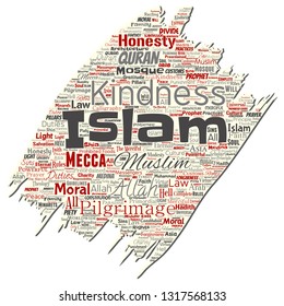 Vector conceptual islam, prophet, mosque old torn paper word cloud isolated background. Collage of muslim, ramadam, quran, pilgrimage, allah, duties, art, calligraphy, oriental, tradition concept