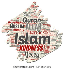 Vector conceptual islam, prophet, mosque old torn paper word cloud isolated background. Collage of muslim, ramadam, quran, pilgrimage, allah, duties, art, calligraphy, oriental, tradition concept
