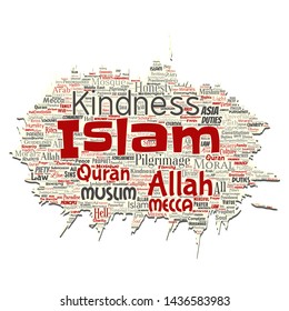 Vector conceptual islam, prophet, mosque old torn paper word cloud isolated background. Collage of muslim, ramadam, quran, pilgrimage, allah, duties, art, calligraphy, oriental, tradition concept