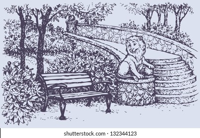 Vector conceptual landscape. A cozy corner in the spring park: bench beside statues of a lion with a ball on the railings stairs surrounded by blossoming bushes of roses and peonies