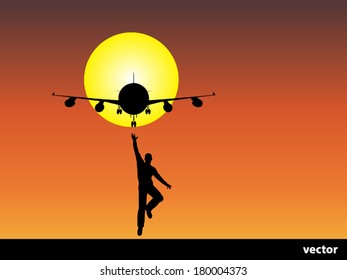 Vektorkonzeptueller Mensch oder Geschäftsmann, schwarze Silhouette auf einem Sonnenuntergang oder Sonnenaufgang-Himmelhintergrund mit einem Flugzeug oder Jet Fliegen und Sonne für Freiheit, Glück, Urlaub, Erfolg, Reise, Reise oder Urlaub