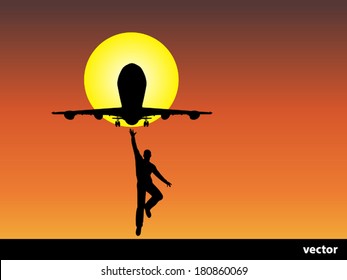Vector conceptual man or businessman black silhouette over a sunset or sunrise sky background with a plane or jet flying and sun for freedom, happiness, holiday, success, travel, trip or vacation