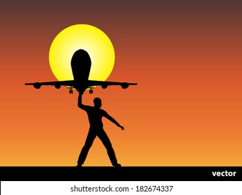 Vector conceptual man or businessman black silhouette over a sunset or sunrise sky background with a plane or jet flying and sun for freedom, happiness, holiday, success, travel, trip or vacation