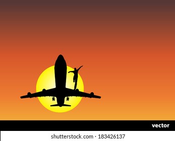 Vector conceptual man or businessman black silhouette over a sunset or sunrise sky background with a plane or jet flying and sun for freedom, happiness, holiday, success, travel, trip or vacation