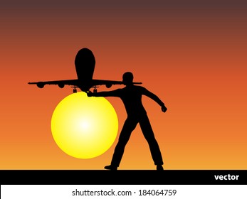 Vector conceptual man or businessman black silhouette over a sunset or sunrise sky background with a plane or jet flying and sun for freedom, happiness, holiday, success, travel, trip or vacation