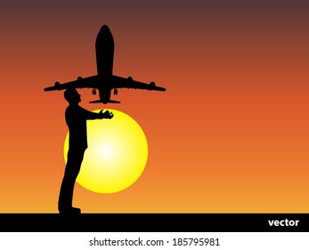 Vector conceptual man or businessman black silhouette over a sunset or sunrise sky background with a plane or jet flying and sun for freedom, happiness, holiday, success, travel, trip or vacation