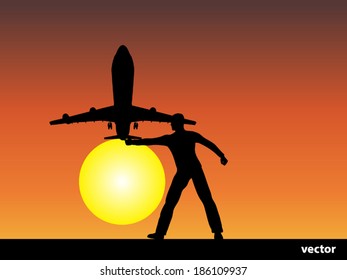 Vector conceptual man or businessman black silhouette over a sunset or sunrise sky background with a plane or jet flying and sun for freedom, happiness, holiday, success, travel, trip or vacation