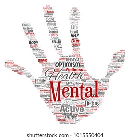 Vector conceptual mental health or positive thinking hand print stamp word cloud isolated background. Collage of optimism, psychology, mind healthcare, thinking, attitude balance or motivation text