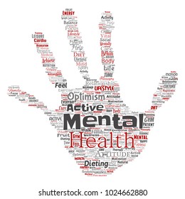 Vector conceptual mental health or positive thinking hand print stamp word cloud isolated background. Collage of optimism, psychology, mind healthcare, thinking, attitude balance or motivation text