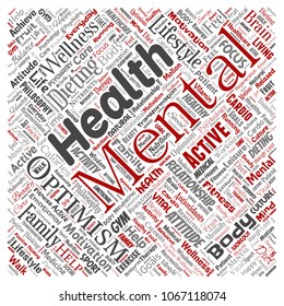 Vector conceptual mental health or positive thinking square red word cloud isolated background. Collage of optimism, psychology, mind healthcare, thinking, attitude balance or motivation text