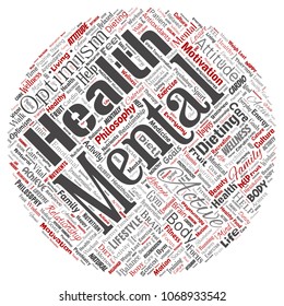 Vector conceptual mental health or positive thinking round circle red word cloud isolated background. Collage of optimism, psychology, mind healthcare, thinking, attitude balance or motivation text