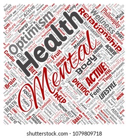 Vector conceptual mental health or positive thinking square red word cloud isolated background. Collage of optimism, psychology, mind healthcare, thinking, attitude balance or motivation text
