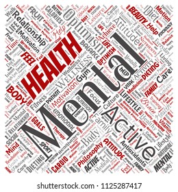 Vector conceptual mental health or positive thinking square red word cloud isolated background. Collage of optimism, psychology, mind healthcare, thinking, attitude balance or motivation text