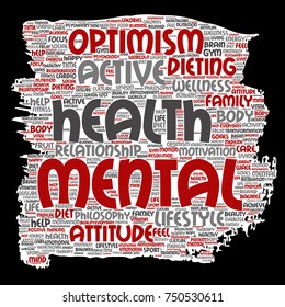 Vector conceptual mental health or positive thinking paint brush paper word cloud isolated background. Collage of optimism, psychology, mind healthcare, thinking, attitude balance or motivation text