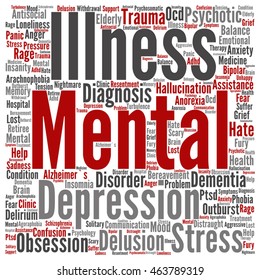 Trastornos mentales conceptuales vectoriales manejo o terapia nube abstracta de palabras cuadradas aislada en metáfora de fondo a la salud, trauma, psicología, ayuda, problema, tratamiento o rehabilitación