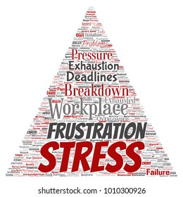 Vector conceptual mental stress at workplace or job pressure human triangle arrow word cloud isolated background. Collage of health, work, depression problem, exhaustion, breakdown, deadlines risk