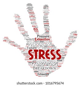 Estrés mental conceptual vectorial en el lugar de trabajo o presión laboral estampado de mano humana palabra nube aislado fondo. Collage de la salud, el trabajo, el problema de la depresión, el agotamiento, el desmoronamiento, los plazos de entrega