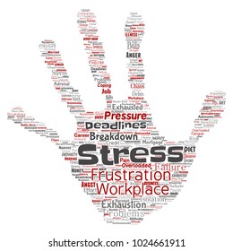Vector conceptual mental stress at workplace or job pressure human hand print stamp word cloud isolated background. Collage of health, work, depression problem, exhaustion, breakdown, deadlines risk