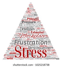 Tensión mental conceptual vectorial en el lugar de trabajo o presión laboral en la nube de palabras de flecha triangular humana en el fondo aislado. Collage de la salud, el trabajo, el problema de la depresión, el agotamiento, el desmoronamiento, los plazos de entrega