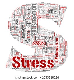 Vector conceptual mental stress at workplace or job pressure human letter font S word cloud isolated background. Collage of health, work, depression problem, exhaustion, breakdown, deadlines risk