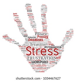 Vector conceptual mental stress at workplace or job pressure human hand print stamp word cloud isolated background. Collage of health, work, depression problem, exhaustion, breakdown, deadlines risk