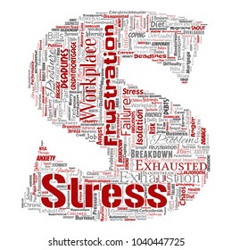 Vektor konzeptioneller Stress am Arbeitsplatz oder Arbeitsdruck menschlichen Buchstaben Schriftart S Wort Cloud isolierter Hintergrund. Collage of Health, Work, Depressionsproblem, Erschöpfung, Untergliederung, Terminrisiken