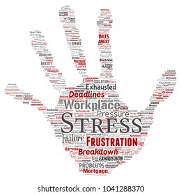 Vector conceptual mental stress at workplace or job pressure human hand print stamp word cloud isolated background. Collage of health, work, depression problem, exhaustion, breakdown, deadlines risk