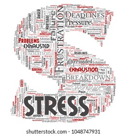 Estrés mental conceptual vectorial en el lugar de trabajo o presión laboral letra humana fuente de la nube de palabras S fondo aislado. Collage de la salud, el trabajo, el problema de la depresión, el agotamiento, el desmoronamiento, los plazos de entrega