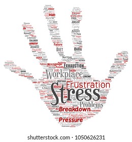 Vector conceptual mental stress at workplace or job pressure human hand print stamp word cloud isolated background. Collage of health, work, depression problem, exhaustion, breakdown, deadlines risk