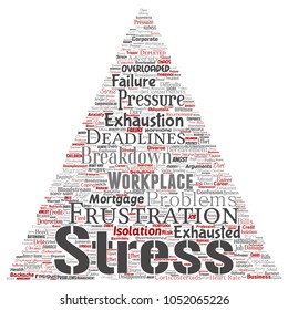 Tensión mental conceptual vectorial en el lugar de trabajo o presión laboral en la nube de palabras de flecha triangular humana en el fondo aislado. Collage de la salud, el trabajo, el problema de la depresión, el agotamiento, el desmoronamiento, los plazos de entrega
