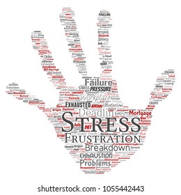 Vector conceptual mental stress at workplace or job pressure human hand print stamp word cloud isolated background. Collage of health, work, depression problem, exhaustion, breakdown, deadlines risk
