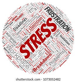 Vector conceptual mental stress at workplace or job pressure human round circle red word cloud isolated background. Collage of health, work, depression problem, exhaustion, breakdown, deadlines risk
