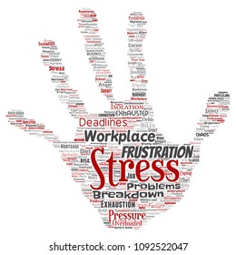 Vector conceptual mental stress at workplace or job pressure human hand print stamp word cloud isolated background. Collage of health, work, depression problem, exhaustion, breakdown, deadlines risk