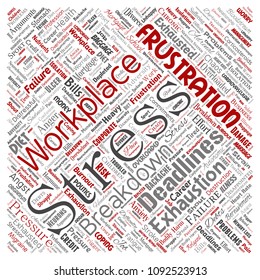 Vector conceptual mental stress at workplace or job pressure human square red word cloud isolated background. Collage of health, work, depression problem, exhaustion, breakdown, deadlines risk