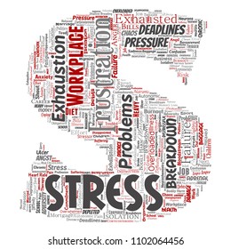 Estrés mental conceptual vectorial en el lugar de trabajo o presión laboral letra humana fuente de la nube de palabras S fondo aislado. Collage de la salud, el trabajo, el problema de la depresión, el agotamiento, el desmoronamiento, los plazos de entrega