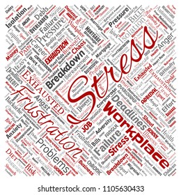 Vector conceptual mental stress at workplace or job pressure human square red word cloud isolated background. Collage of health, work, depression problem, exhaustion, breakdown, deadlines risk