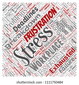 Vector conceptual mental stress at workplace or job pressure human square red word cloud isolated background. Collage of health, work, depression problem, exhaustion, breakdown, deadlines risk