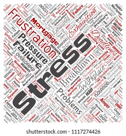 Vector conceptual mental stress at workplace or job pressure human square red word cloud isolated background. Collage of health, work, depression problem, exhaustion, breakdown, deadlines risk